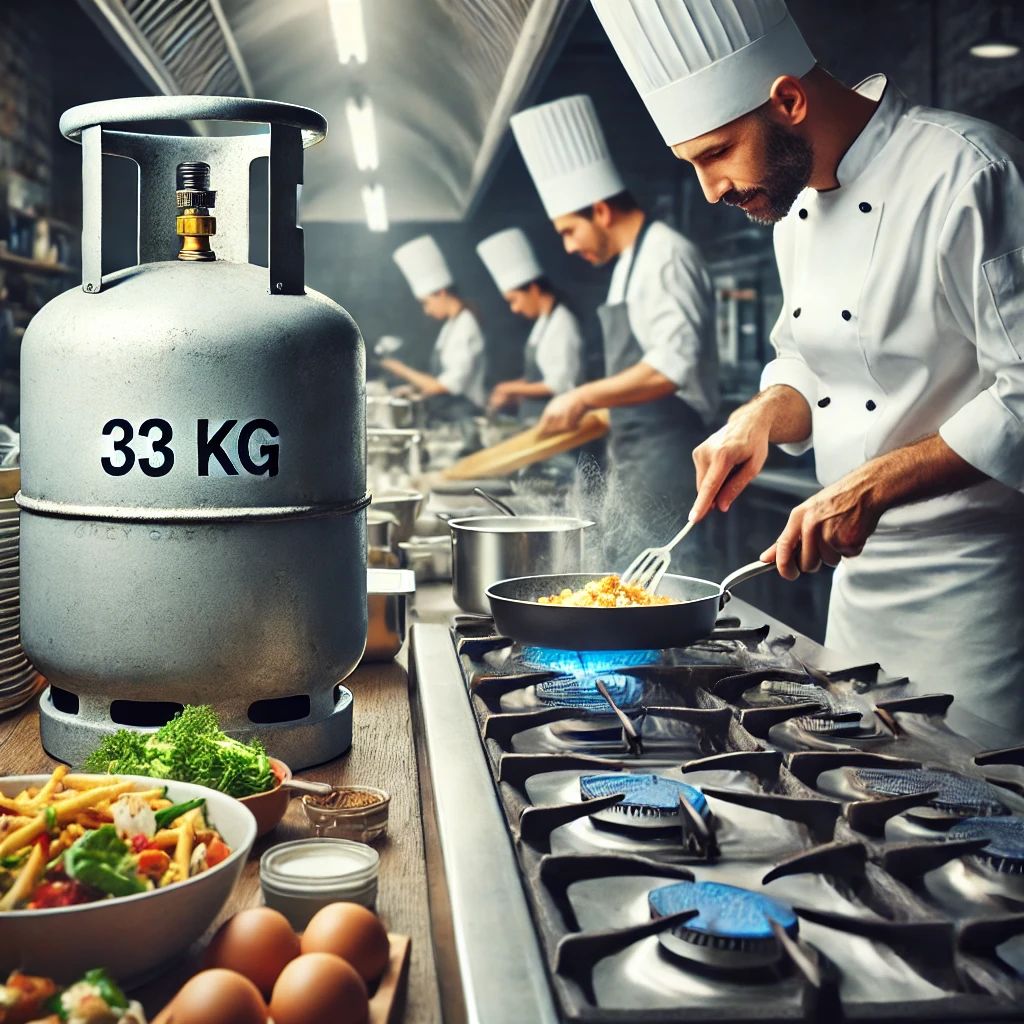 DALL·E 2024-10-13 21.09.30 – A busy restaurant kitchen with a professional chef cooking multiple dishes using a stove fueled by a 33 kg grey gas cylinder. The scene shows the chef